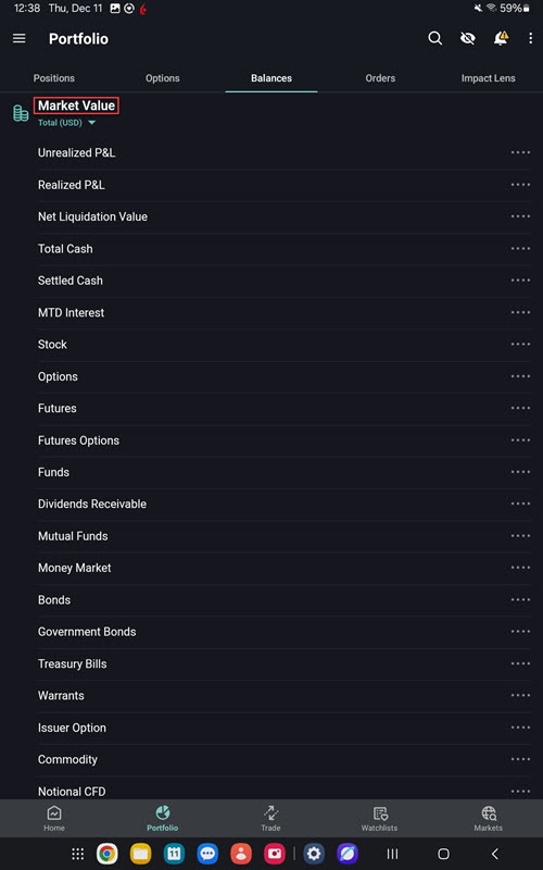 The market value details on the Android Tablet
